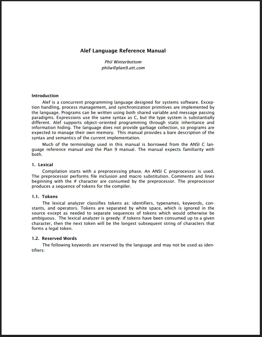 Alef Language Reference Manual. 2 Ed